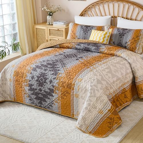 Dintszyayue Boho Quilt Set King, Aztec Geometric Bedspread with 2 Shams - Image 2