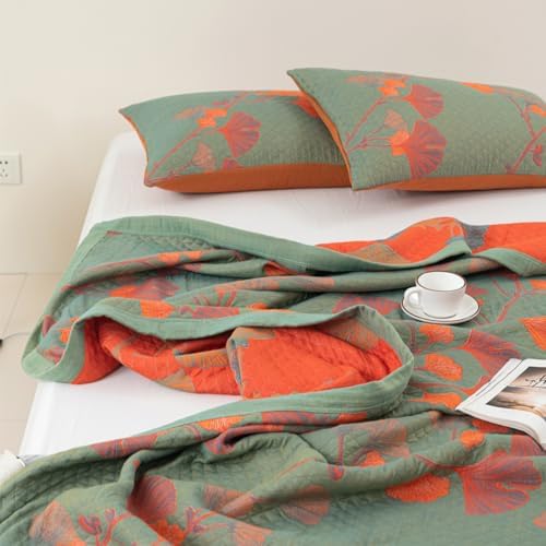 100% Cotton Muslin Blanket Jacquard Green Orange Floral Ginkgo Leaves Quilt, Soft Bed Cover Lightweight Breathable Gauzy Reversible Bedspread Coverlet Full/Queen(78"x94"), No Pillow Sham - Image 4