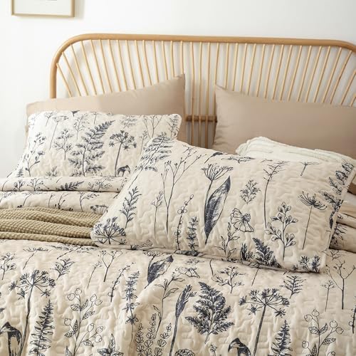 JANZAA Quilt King Size, Beige King Quilt Bedspread Floral Bedding Set 3 Pcs - Image 3