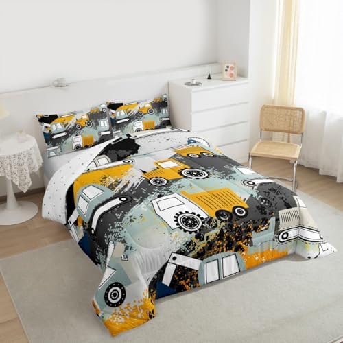 Feelyou Kids Equipment Trucks Comforter Set Construction Comforter Cover Set Boys Cartoon Car Excavator Tractor Bedding Set Construction Vehicles Yellow Grey Duvet Set Room Decor Quilt Set King Size - Image 2
