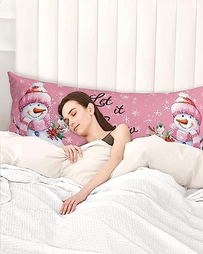 Pink Snowman Christmas Body Pillow Case Cover, Xmas Tree Birds Microfiber Bed Throw Pillow Covers, Winter Snowflake Decorative Lumbar Pillow Cover with Envelope Closure for Sofa/Travel 20"x54" - Image 3