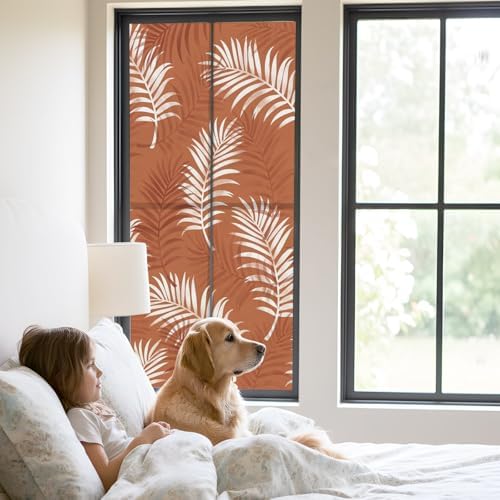 Window Privacy Film Frosted, Terracotta Botanical Static Cling Door Window Covering, Summer Palm Leaves Foliage Tropical UV Blocking Windows Film for Office, Hotel, Bedroom, 29.5 x 78.7 Inches - Image 2