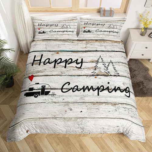Happy Camping Duvet Cover Farm Farmhouse Bedding Set Wood Rustic Comforter Cover for Boys Girls Kids Room Decor Camper Theme Lightweight Bedspread Cover Twin Size with 1 Pillow Case(No Comforter) - Image 4
