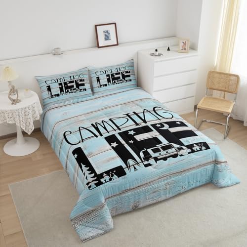 Erosebridal Camper Comforter Set Queen Rustic Farmhouse Camping Bedding Sets for Kids Boys Girls,Rv Bunk Comforter Star Moon Pine Tree Quilt Travel Trailers Accessories for Inside 2 Pillow Cases Blue - Image 4
