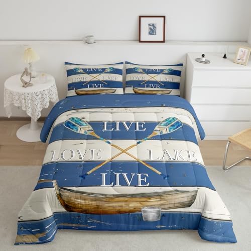 Erosebridal Lake House Decor Bedding Set For The Home King Size Rustic Farmhouse Cabin Lodge Comforter Gift Lover,Lake Paddle Boat Quilt Duvet Love Life Camper 2 Pillow Cases, Multi 56 - Image 2