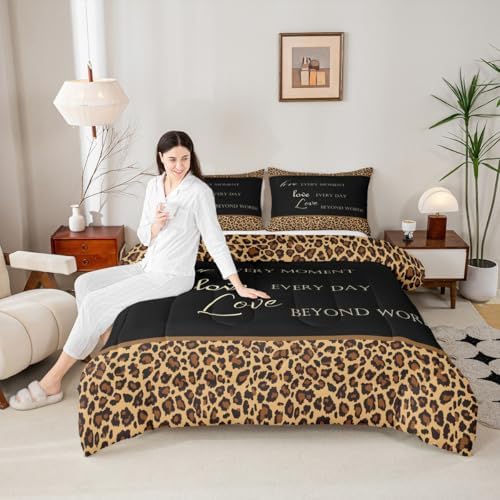 Castle Fairy Leopard Print Full Size Comforter Set,African Wild Animal Fur Pattern Bedding Comforters Bedroom Collection,Cheetah Skin Brown Black Bedding Set for Girls Teens - Image 2