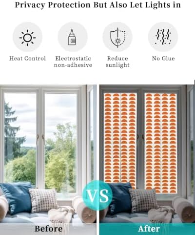 Window Privacy Film Frosted, Orange Boho Reusable Static Cling Window Tints, Middle Century Geometric Abstract Art Heat Control Windows Films for Offices, Balcony, 29.5 x 118 Inches - Image 6