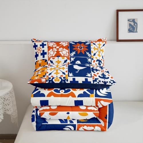 Erosebridal Colorful Mexican Tile Full Bedding Set - Mexico Talavera Tiles Comforter Set, Patchwork Vintage Flower Quilt for Kids Adults, Bohemian Aesthetic Bedroom Decor - 2 Pillowcases - Image 7