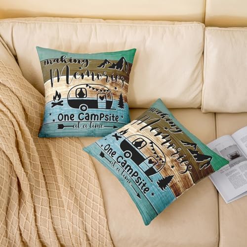 Feelyou Kids Camper Throw Pillow Covers 16"x16" Set of 4 Happy Camping Cushion Case Gifts for RV Owners Vintage Wooden Planks Decorative Pillow Case Rustic Farmhouse Style Outdoor Pillows Covers - Image 3