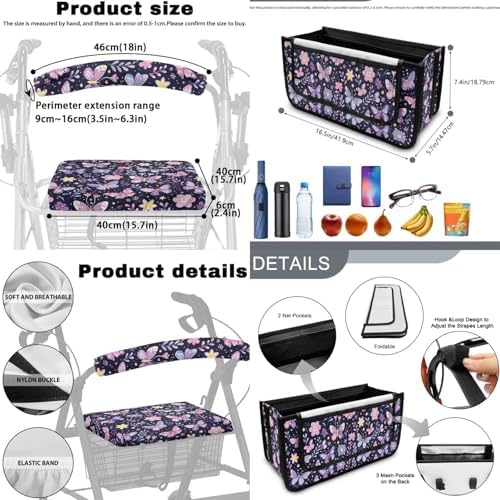 LedBack Floral Walker Accessories Sets Purple Butterfly Wheelchair Bag for Seniors Rollator Seat and Backrest Covers Universal Storage Basket - Image 6