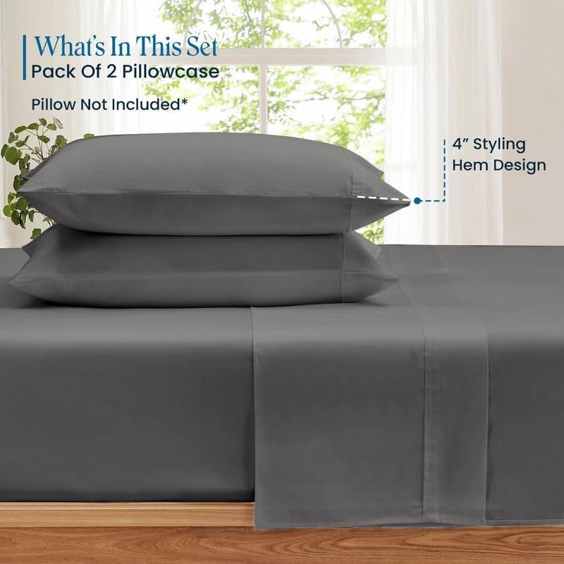 100% Pima Cotton Pillowcases – 800 Series, Ultra Soft & Cooling, Custom Size, Set of 2 – Dark Grey, Hotel Luxury Quality, Envelope Closure, Skin & Hair Friendly - Image 2