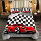 Racing Car Comforter Set, Cool Speed Race Car Down Comforter Twin Size For Kids Boys Girls Teens Bedroom, Automobile Extreme Sport Quilted Duvet Grid Buffalo Duvet Insert With 1 Pillow Cases - Image 2