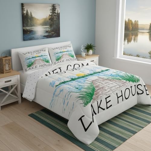 Lake House Comforter Set King Size Rustic Farmhouse Bedding Set for Kids Adults Women Teens Cabin Home Room Decor Watercolor Lake Mountain Scenery Quilted Duvet Retro Plaid Print Duvet Insert 3pcs - Image 4