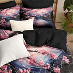 CCoutueChen Japanese Style Comforter Set Twin,Cherry Blossom Lightweight Comforter for Girls, 2Pcs Black Pink Floral Painting Soft Bedding Set with 2 Pillowcases,Great Bedroom Decor - Image 2