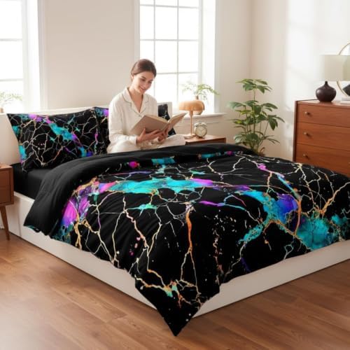 CCoutueChen Black Marble Comforter Set King Size, Abstract Glowing Bedding Set with River Texture, 3 Pcs Soft Microfiber Lightweight Comforter with 2 Pillowcases,104"x90" - Image 3