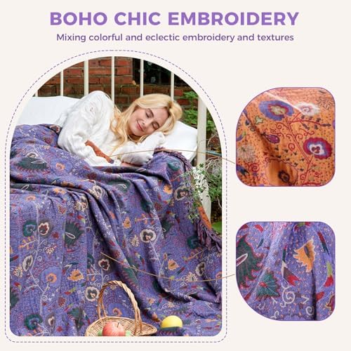 LUTBM Boho Throw Blanket for Bed 60"x80", 100% Cotton Purple Couch Blankets - Image 3