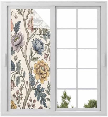 Window Privacy Film Frosted, Vintage Garden Flower Static Cling Door Window Covering, Rustic Floral Leaf Pastoral Plants UV Blocking Windows Film for Office, Hotel, Bedroom, 29.5 x 78.7 Inches by Unknown