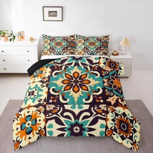 Erosebridal Mexican Talavera Tile Toddler Bedding Set,Colorful Tile Mexico Comforter Sets for Kids,Boho Style Floral Quilt Bed Set,Vintage Patchwork Tiles Room Decor with 1 Pillowcase - Image 2