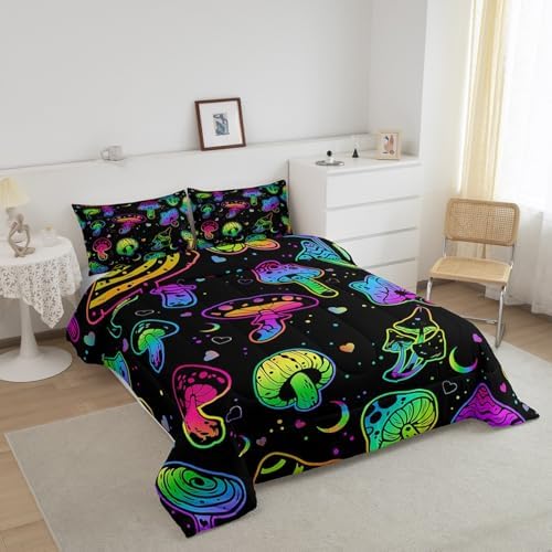 Erosebridal Trippy Mushroom Bedding Set King Purple Teal Mushrooms Comforter for Kids Girls Teens Women Ombre Gradient Stars Galaxy Down Comforter Colorful Botanical Wild Plants Bedding Comforter Set - Image 2