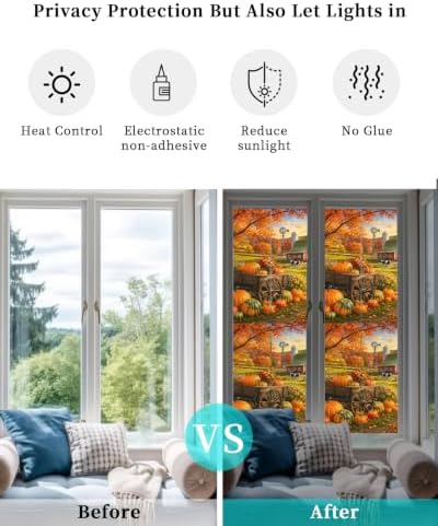 Window Privacy Film Frosted, Fall Pumpkins Reusable Static Cling Window Tints, Thanksgiving Farmhouse Harvest Maple Leaves Heat Control Windows Films for Offices, Balcony, 29.5 x 118 Inches - Image 6