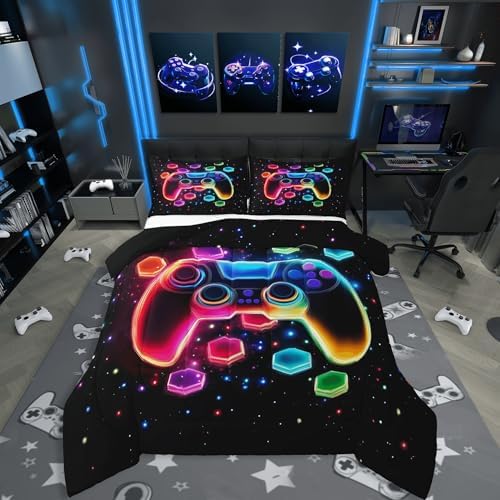Game Consoles Kids Boys Reversible Comforter Set Twin Size,Gaming Bedding Sets Gamer Room Decor Gifts Galaxy 3D Neon Honeycomb Video Games Polyester Quilt Set,1 Pillowcase (Red Green Blue) by CastleFairy