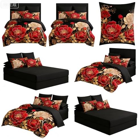 CCoutueChen Red Rose 7 Piece Queen Comforter Set, Black Gold Floral Bedding - Image 3