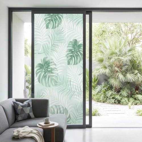 Window Privacy Film Frosted, Mint Green Palm Trees Tropical Non-Adhesive Static Cling Window Tint, Summer Beach Botanical Insulated Windows Frosted Films for Living Room, 35.4 x 78.7 Inches - Image 2