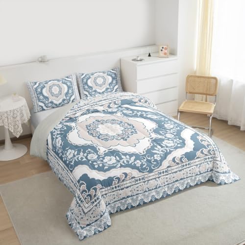 Erosebridal Light Blue White Floral King Comforter Set - Vintage Flower Bedding Set for Kids Adults | Boho Aesthetic Flowers Quilt | Farmhouse Cottage Bedroom Decor with 2 Pillowcases - Image 5