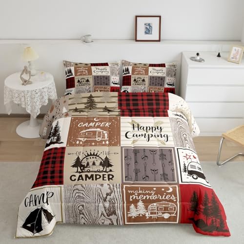 Erosebridal Short Full Comforter for Rv Camper Happy Camping Bunk Comforter Set Rv Camper Accessories Bedding for Travel Trailers, Patchwork Buffalo Plaid Pine Tree Arrow Quilt Set Red Brown - Image 3