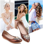 KUNWFNIX Women's Ballet Flats Foldable Classic Crown Rhinestone Slip On Bowknot PU Leather Faux Suede Pointed Toe Comfort Flat Casual Dress Shoes - Image 2