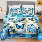 HOSIMA Blue Butterfly Floral Patchwork Quilt Twin Size with 2 Pillowcases. - Image 3