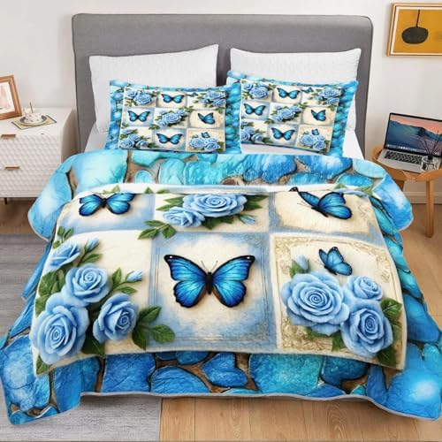 HOSIMA Blue Butterfly Floral Patchwork Quilt Twin Size with 2 Pillowcases. - Image 3