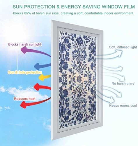 Blue Spring Floral Window Privacy Film Rainbow Static Cling Stain Glass Window Film for Glass Door, Decorative Heat Blocking Sunroof Decal Sticker for Car 29.5"x118" Summer Botanical Farmhouse - Image 4