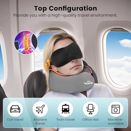 Teemour Travel Neck Pillow Airplane- Upgraded Memory Foam Neck Pillow for Airplanes 360° Support Desing, with Eye Mask & Earplugs, Portable Carry Bag for Long Flights, Business Trip|Travel Essentials - Image 2