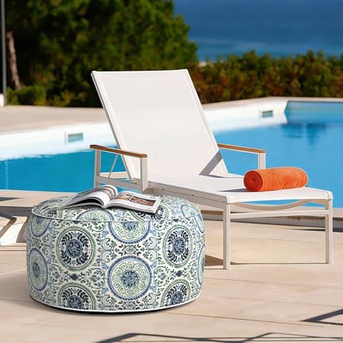 Outdoor Inflatable Stool Ottoman D31”xH14”, All Weather Portable Footrest Stool, Furniture Stool Ottomans for Home Garden Beach, Celadon Wreath - Image 6