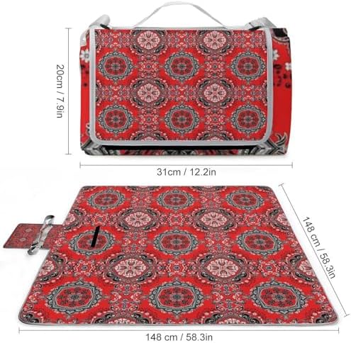 Outdoor Waterproof Picnic Blankets Red Paisley Sandproof Family Picnic Mat Foldable Camping Blanket - Image 2