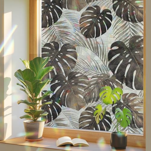 Palm Leaves Window Privacy Film Rainbow Static Cling Stain Glass Window Film for Glass Door, Decorative Heat Blocking Sunroof Decal Sticker for Car 35.4"x78.7" Farmhouse Botanical Tropical Plants Leaf - Image 3