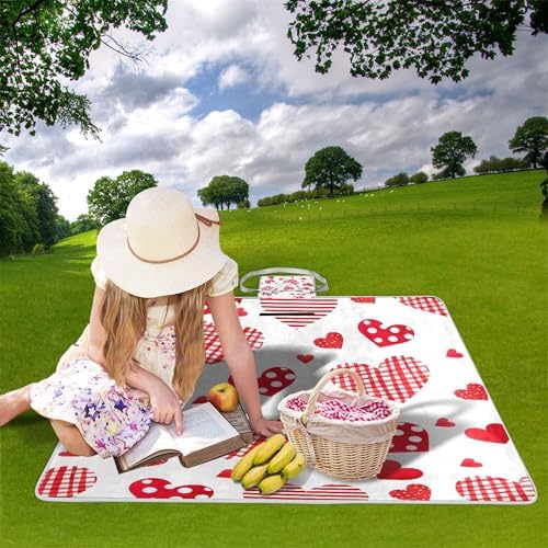 MNSRUU Picnic Blanket Waterproof Foldable, Dotted Heart Large Outdoor Picnic Beach Camping Blanket Travel Mat, Shoulder Strap Tote, Rectangle 57x59in - Image 2