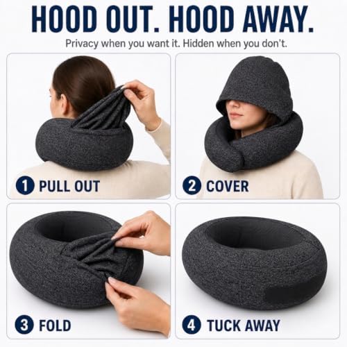 Travel Neck Pillow with Hood, Upgraded Memory Foam Airplane Pillow for Sleeping, 360° Support U Shaped Travel Pillow with Hidden Eye Cover, Portable Flight Accessories for Plane Car Office(Black) - Image 6