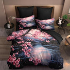 CCoutueChen Japanese Style Comforter Set Twin,Cherry Blossom Lightweight Comforter for Girls, 2Pcs Black Pink Floral Painting Soft Bedding Set with 2 Pillowcases,Great Bedroom Decor - Image 6