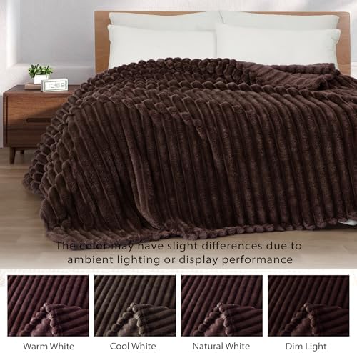 Exclusivo Mezcla Striped King Size Fleece Blanket for Bed, Coffee - Image 3