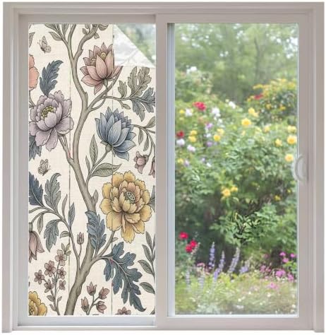 Window Privacy Film Frosted, Vintage Garden Flower Non-Adhesive Static Cling Window Tint, Rustic Floral Leaf Pastoral Plants Insulated Windows Frosted Films for Living Room, 35.4 x 78.7 Inches by Unknown