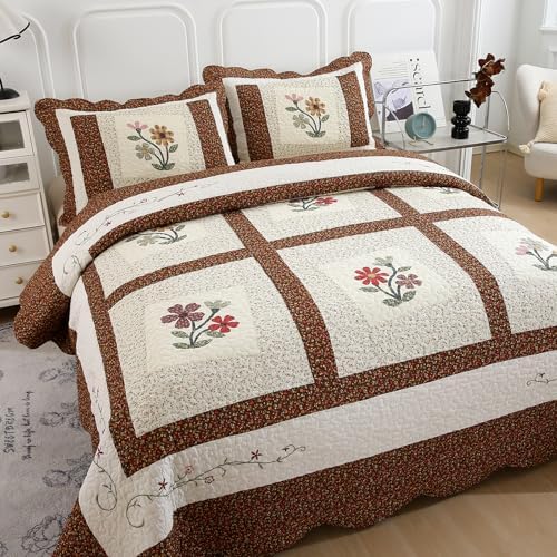 vctops 3 Piece Embroidered Floral Quilted Bedspread Quilt Set 100% Cotton Reversible Patchwork Coverlet Set 1 Quilt and 2 Pillow Shams (Coffee,Queen) - Image 4