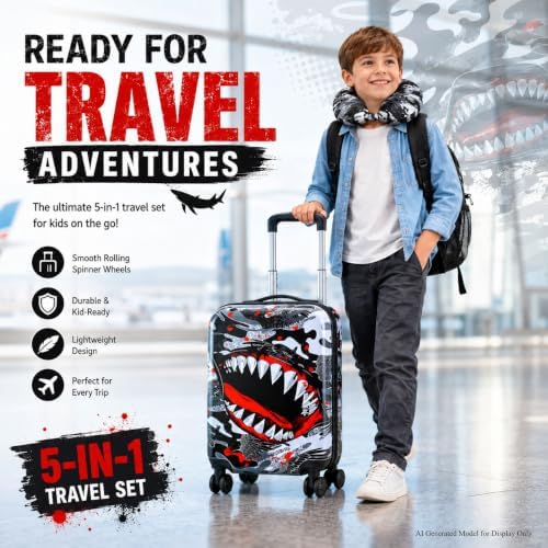 5PCS Kids Luggage Boys Suitcase Set, 16" Hardside Carry-on Shark - Image 2
