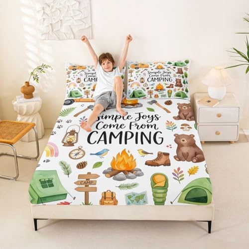 Erosebridal Forest Themed Camping Full Size Bedding Set, RV Bunk Camper Outdoor Fitted Sheet for Kids Girls Boys, Woodland Farmhouse Bear Bed Sheets Set, Travel Trailers Room Decor - Image 2
