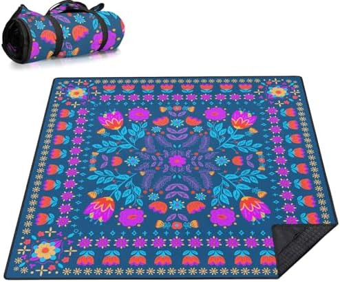 Picnic Blankets Extra Large Waterproof, 80"x 80" Dark Floral Beach Mat with Corner Pockets Windproof Sandproof Foldable Portable 3-Layer Mat Darker for Wet Grass,Parks,Music Festival,Camping,Concerts by Wruzbxcn
