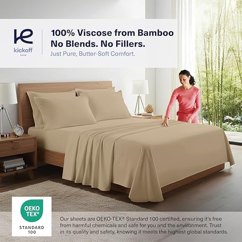 Kickoff Viscose Bamboo Sheets King Size 4-pc 100% Organic Bamboo Viscose Bed Cooling Sheets King Size Set Cool Bedding for hot Sleepers Sheet Set - Gift Ready Packaging (Sand, K) - Image 3
