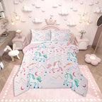 Erosebridal Girls Unicorn Toddler Comforter Set Pink and Blue Unicorns Bedding Set for Kids Child Stars Astrology Comforter Fantasy Girls Room Decor Cartoon Unicorn Horse Quilt Kawaii Bed Set by Erosebridal