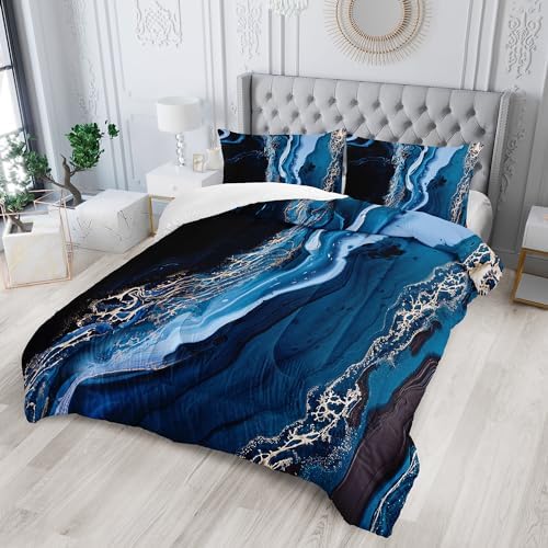 Nttopship Marble Comforter Set Twin Size Deep Blue Marble Bedding Set Soft Microfiber Minimalist Wind Comforter Sets 3 Pieces with 2 Pillowcases - Image 2
