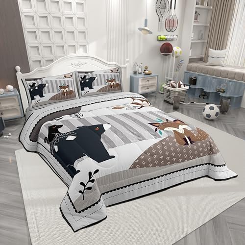 Castle Fairy Cute Animal Bedding Set Full Size,Bear Owl Fox & Plant Comforters for Girls & Teens,Indian Style Down Comforter with 2 Pillowcases - Image 2